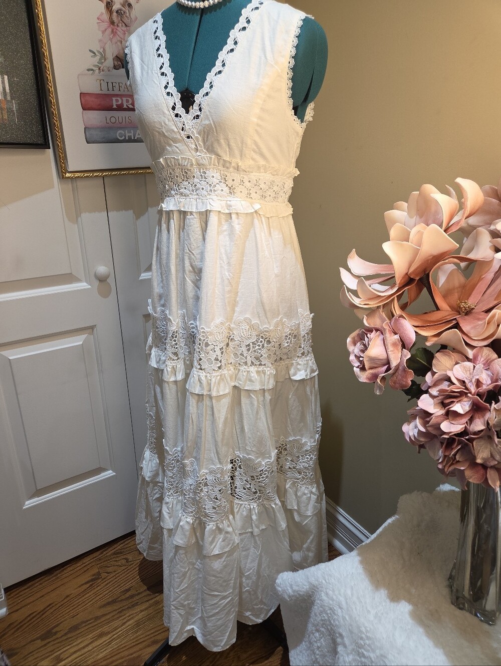 Nwt Medium Endelss Sumer Sleeveless White Lace-Trim V-Neck Maxi Dress $230 - Picture 16 of 16